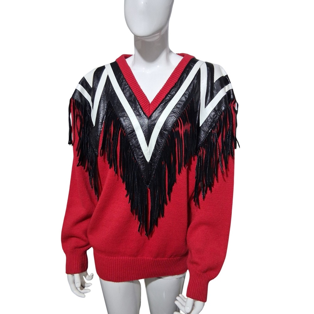 Vintage 80s Cameo Rose Leather Womens Medium Fringe  Western Sweater Festival